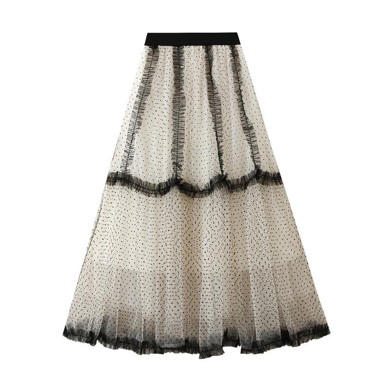 Qooth French Vintage Polka Dot Midi Skirt Heavy Duty High Waist A-Line Tulle Skirt with Raw Edge Ruffles QT2604