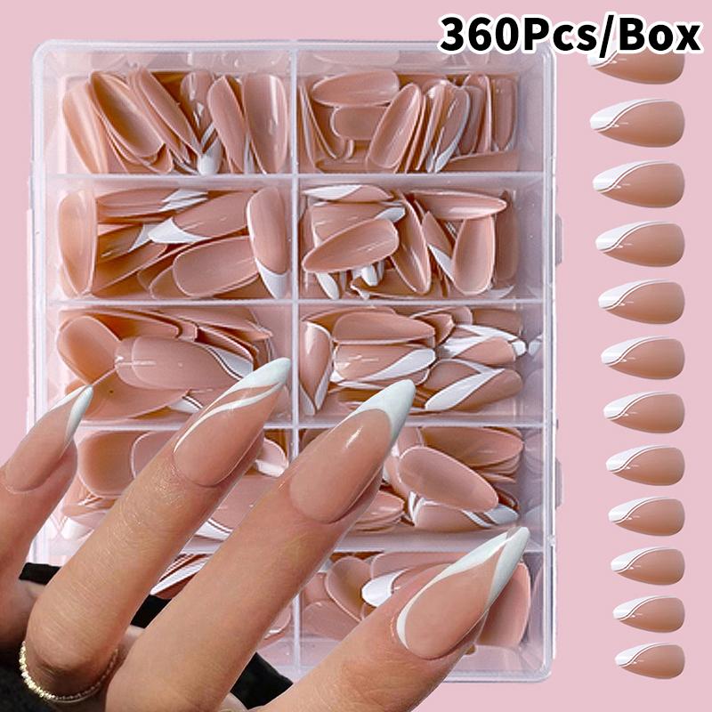 120/240/360 st/låda Glansiga Mjuka Gel Rosa Franska Manikyrspetsar Medium Mandel Vita Enkla Press-On Naglar Stor Kapacitet Låtsasnaglar