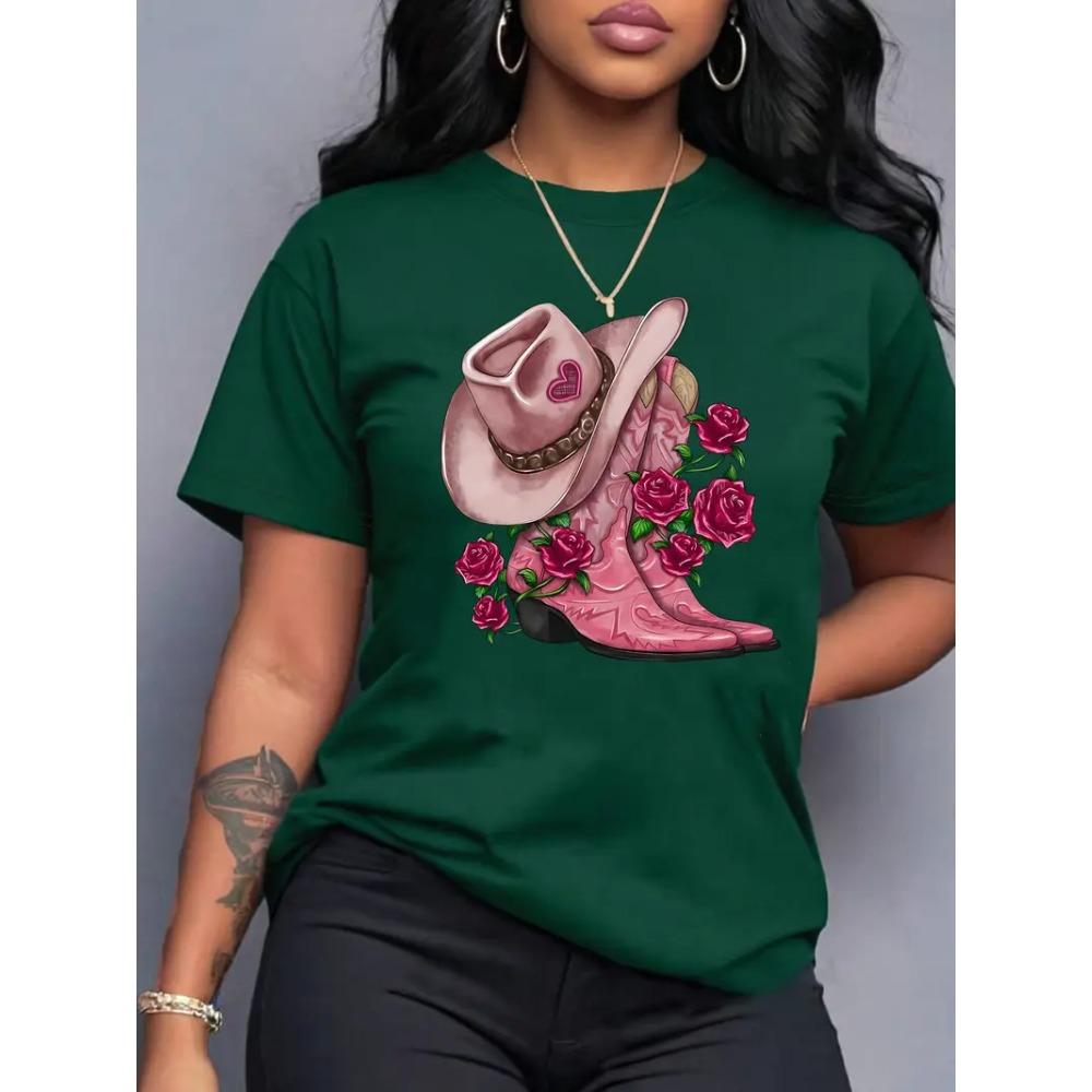 Western Cowboy Hat and Boots Pattern Printing Women's T-shirt Fashion Casual Short-sleeved Daily Round Neck Top