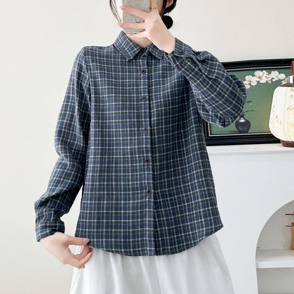 Women's 2026 Early Spring Brushed Cotton Plaid Shirt - Korean Retro Hong Kong Style, Long Sleeve, Niche, Lazy Chic