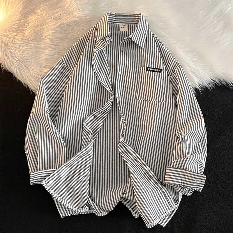 Spring & Autumn Vertical Striped Long Sleeve Men's Shirt: Pique Casual Hong Kong, Korean & Japanese Yuppie Style for Teens