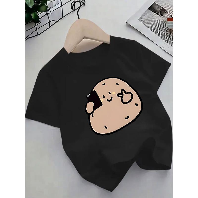 European sizes Girls' Cute Potato Print Short Sleeve T-Shirt - Summer Casual Round Neck Top with French Fries & Ketchup Potato Patterns,