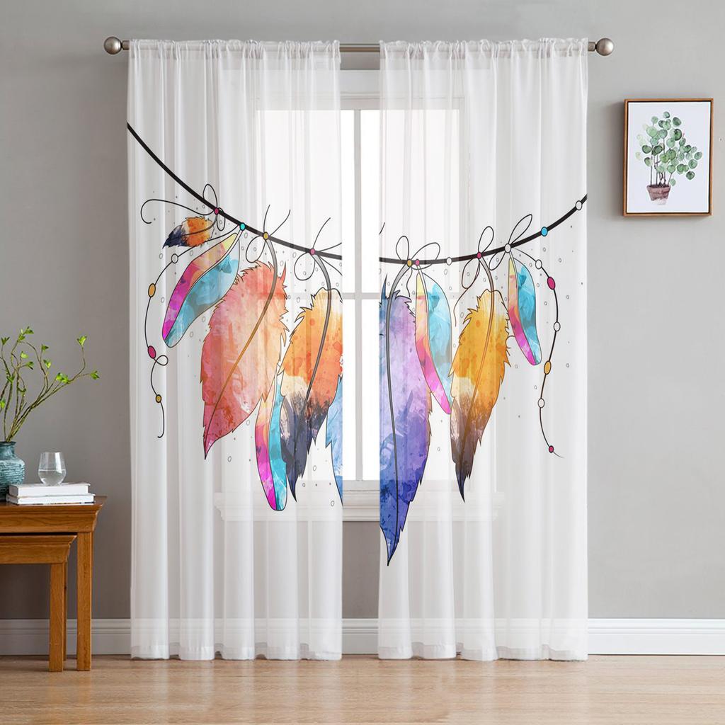 Indian Feather Bohemia Tulle Curtains For Living Room Home Decor Window Curtain Kitchen Sheer Voile Curtain