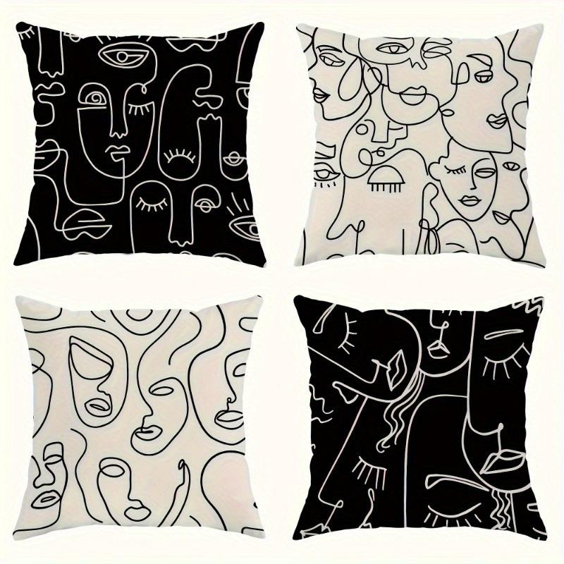 4Pcs Abstract Face Line Art Pillowcase Modern Black And White, Zipper Polyester Fiber Sofa And Bedroom Decorative Pillowcase, Ma