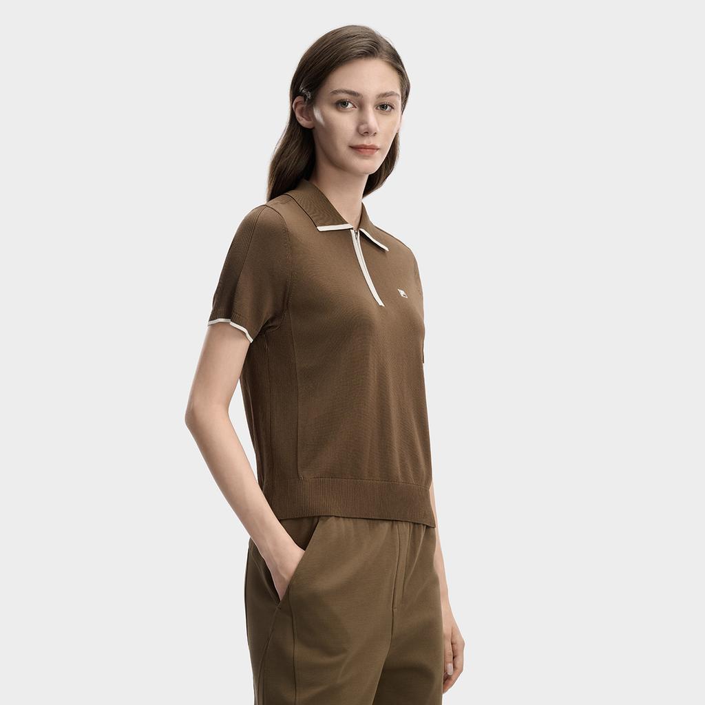 FILA White Fashion Simple Classic Retro Casual Versatile Comfortable Half-Zip Knitted Short Sleeve Sweater Women tops Valley-Brown F11W613406FBN