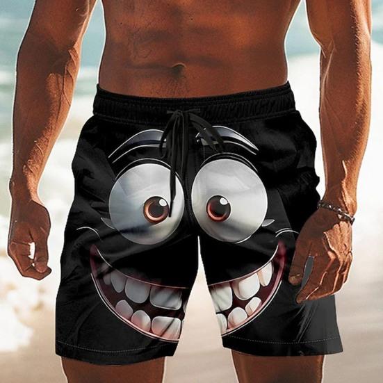 Men Shorts Elastic Waist Tie Cartoon 3D Printed Casual Shorts with Pockets Loose Fit Lightweight Breathable Beach Vacation Sports Shorts