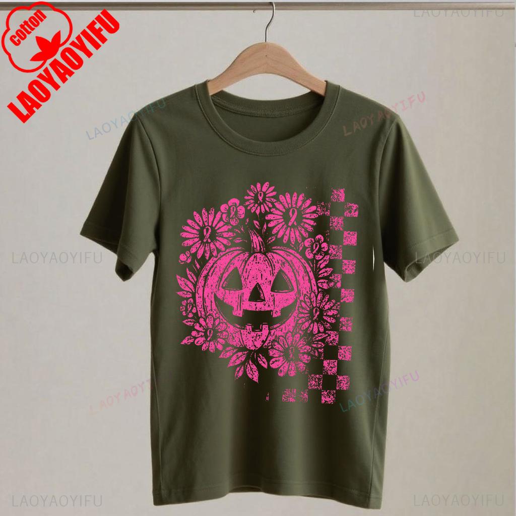 Women Unisex Pink Pumpkin Breast Cancer Awareness Halloween Tshirt Ribbon Design Pumpkin Lamp Graphic T Shirts Aesthetic Y2k Top