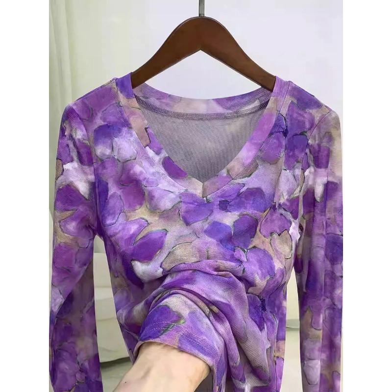 

Модный принт, V-образный вырез, сетчатый стрейч, топ с длинным рукавом для женского осеннего нового универсального элегантного пуловера L фиолетовый