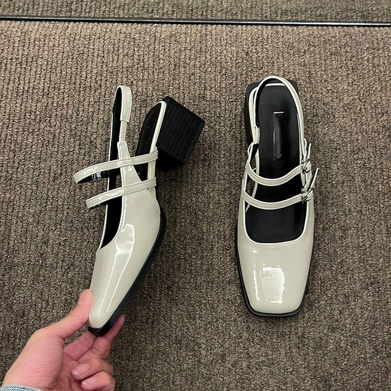 Fashion With Medium Heels Red Sandals for Women Buckles Summer 2024 Square White Ladies Shoes Footwear Daily Designer Chic and Elegant