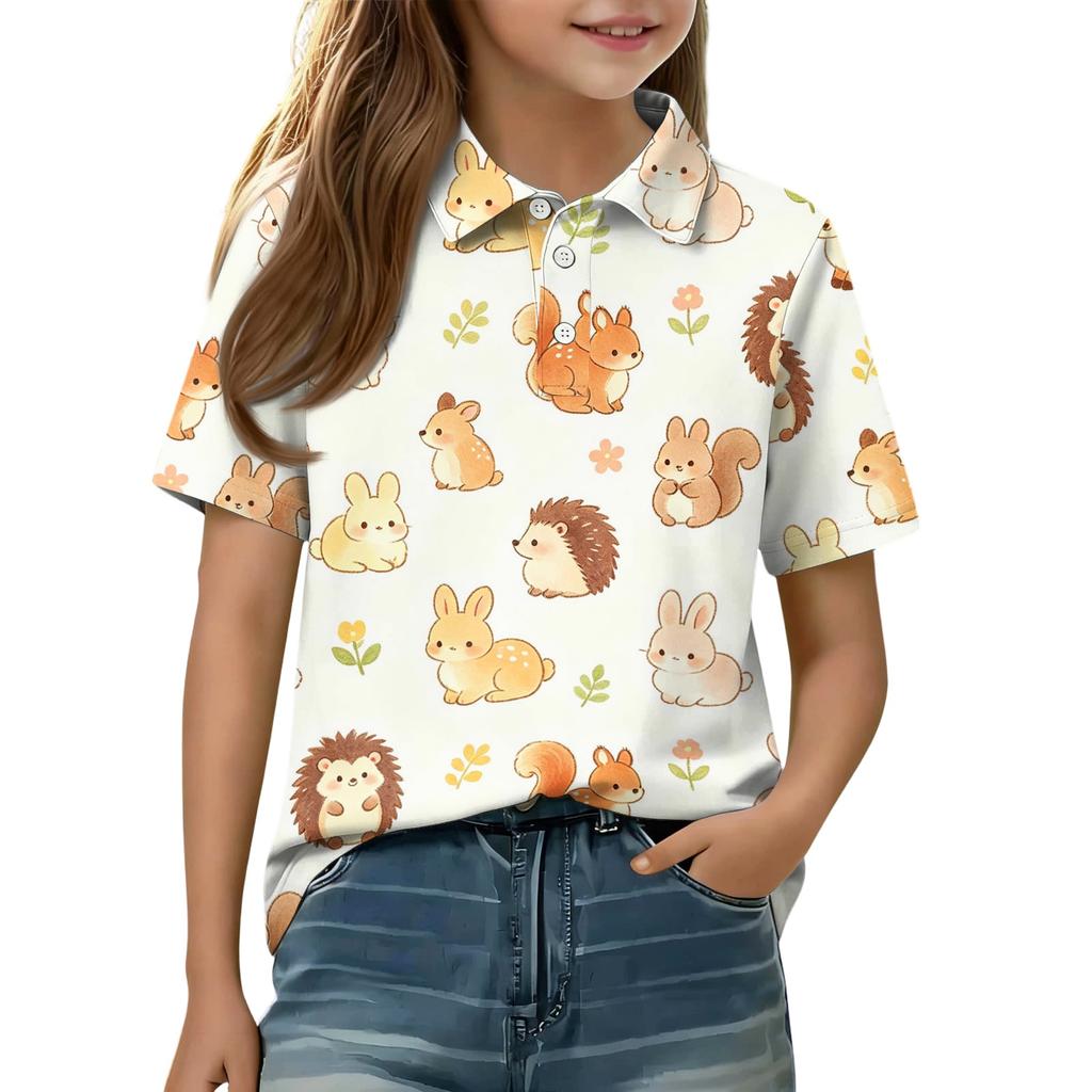 Kids Casual Short Sleeve Polo Shirt Animal Print Top Button Down Collar Comfortable Fit Soft Fabric