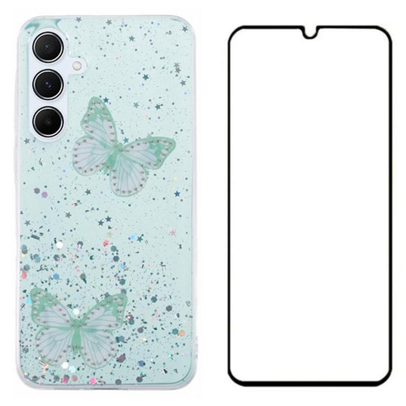 WANLONFENG AW Series for Samsung Galaxy A15 4G/5G Case 3D Butterfly TPU Glitter Phone Cover with Screen Protector