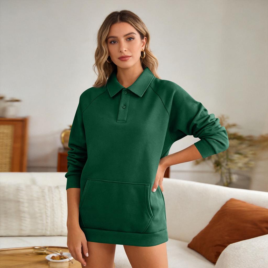 Women's Long Sleeve Button Down Sweatshirt with Collar and Pockets Casual Top