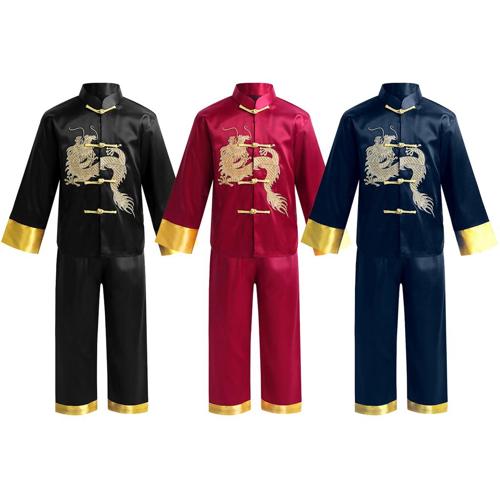 Costume Traditionnel Chinois Enfant Tang - Chemise Dragon Brodé + Short, 100% Coton, Pour Fêtes, Arts Martiaux