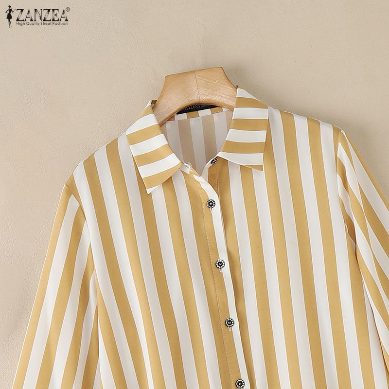 ZANZEA Women Casual Turn Down Collar 3/4 Sleeve Loose Stripe Blouse