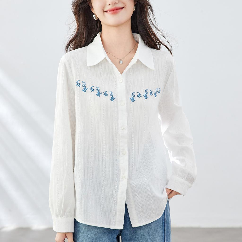 Embroidered Cotton Top for Women Long-sleeved Spring and Autumn Updated Everyday Top