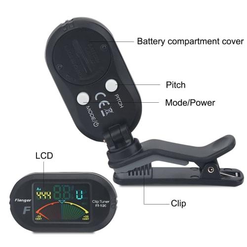 Flanger FT 12C Colorful Screen Tuner with Clip Mount for Guitar, Bass, Ukulele, and Violin - Easy-to-Use Flanger Clip-on Chromatic Tuner