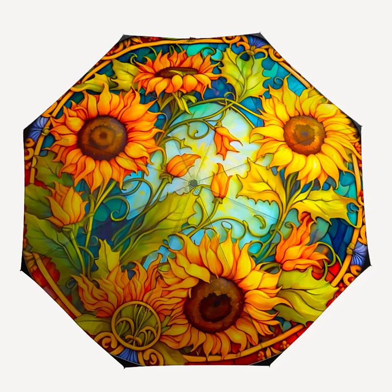 

1PC Sunflower Stained Art Automatic Open/close, All-Season Portable Folding Umbrella for Women & Men yy250919141