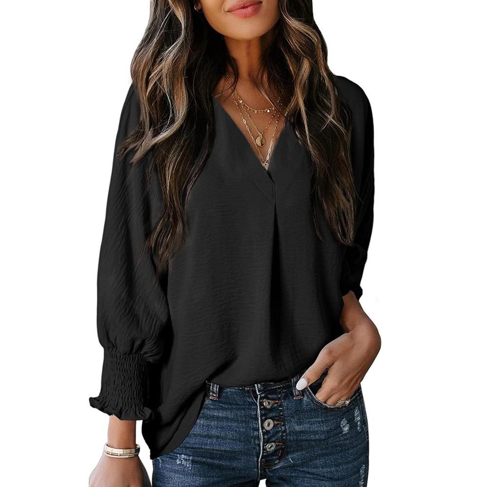 Women's Autumn and Winter V-neck Casual Long-sleeved Loose Shirt Top