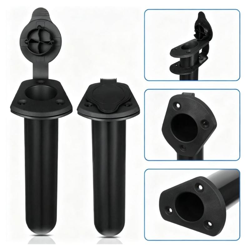 Black ABS Rod Tube Insert for Deck Mount Use, Fishing Accessory with Cap Cover, Top Collar, and Screw-Ready Opening for Rod Storage Use