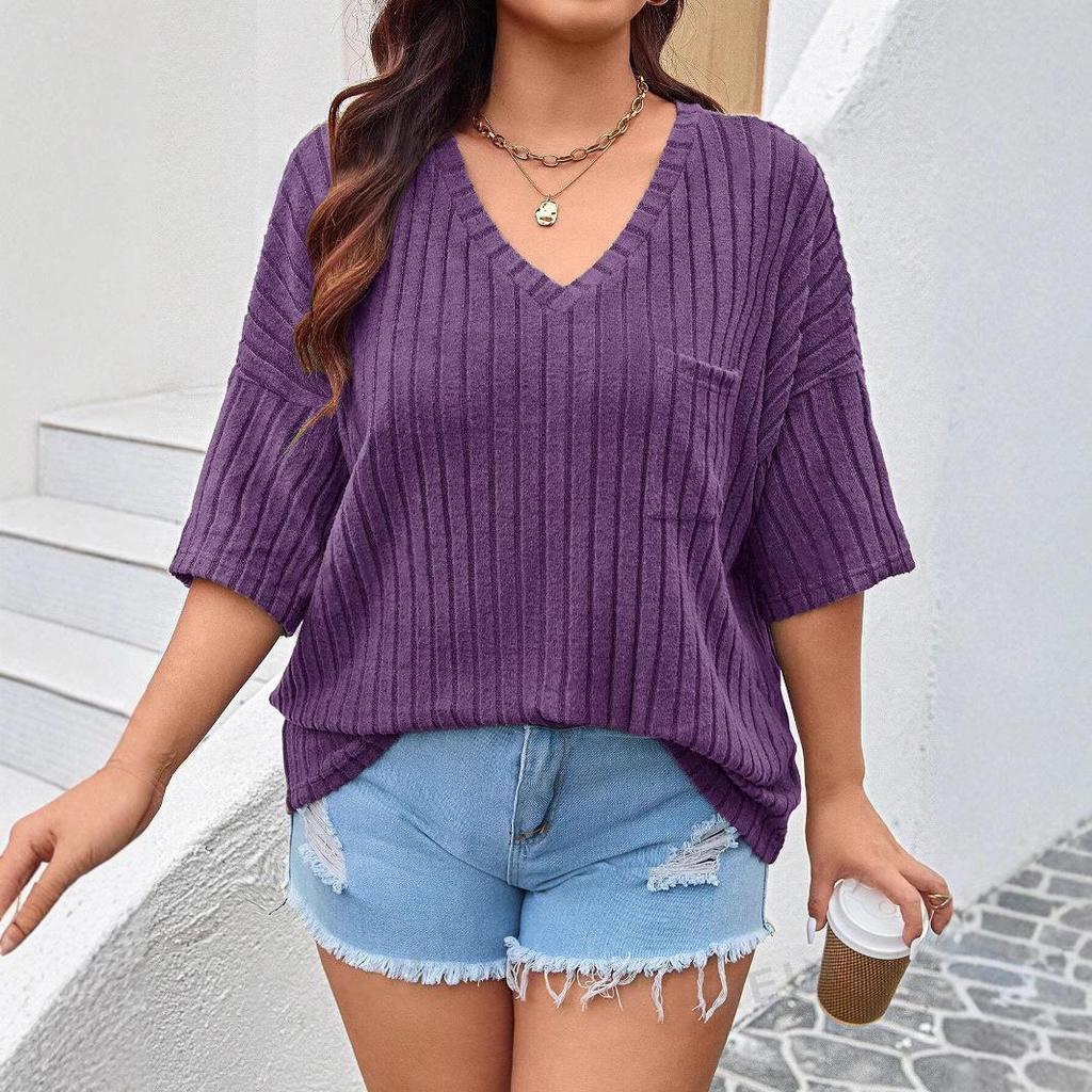 2025 Spring/Summer European & American Fashion Casual Women's Solid V-neck Pocket 3/4 Sleeve T-shirt