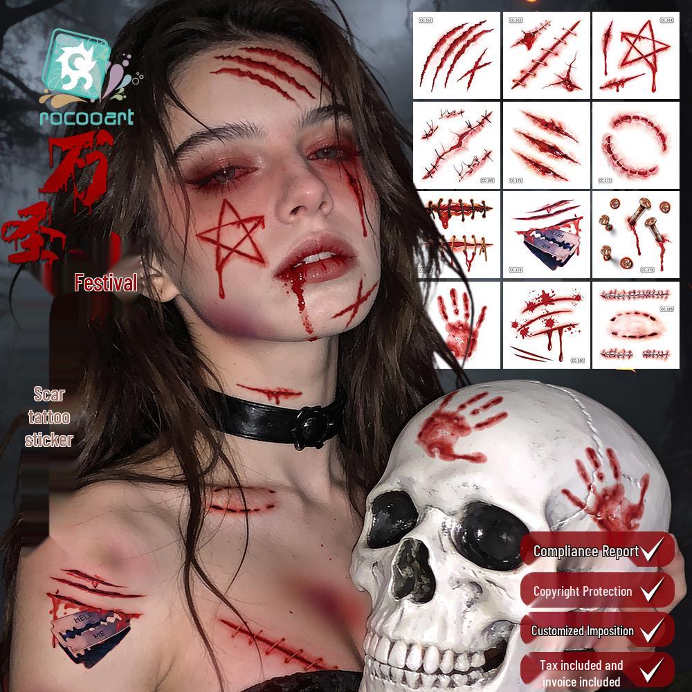 Nuovi Tatuaggi Impermeabili di Halloween Horror Cicatrice Faccia - Adesivi Trucco Opachi per Feste Festival