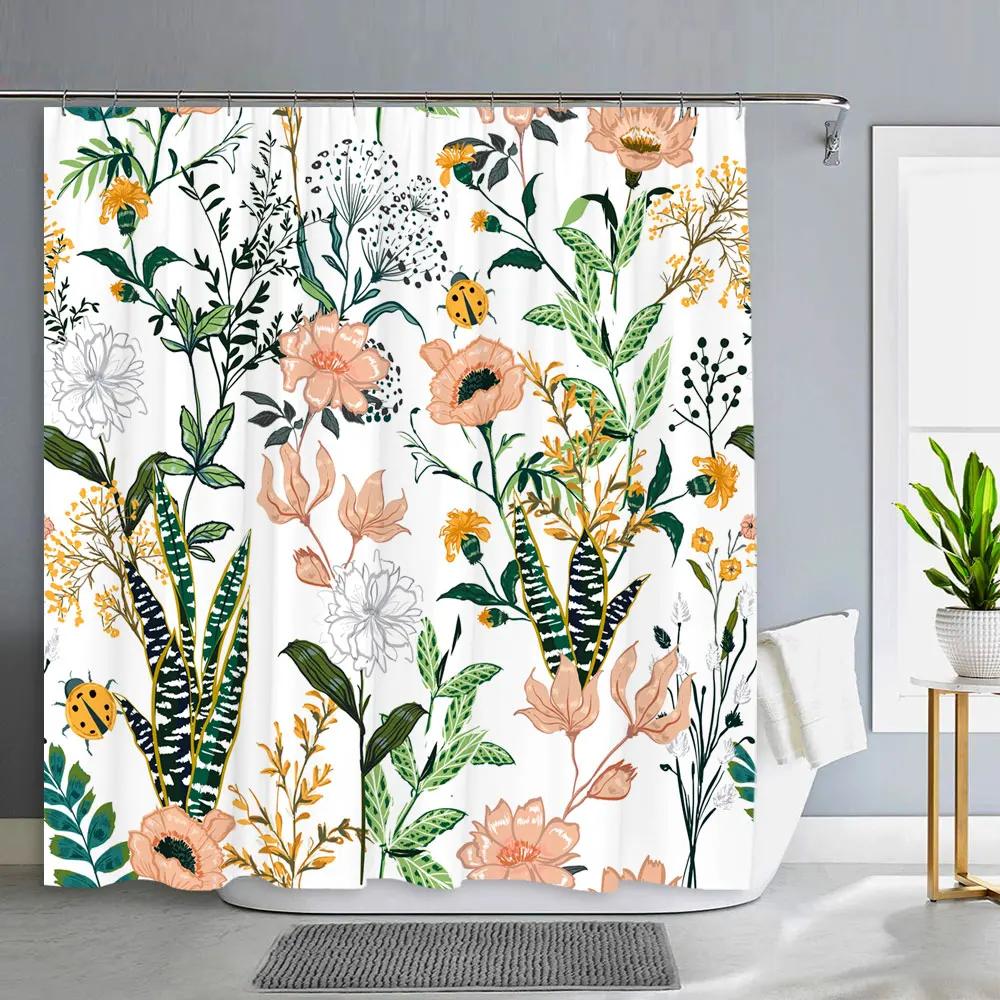 Flower Bird Shower Curtain Botanical Flower Leaf Home Decor Polyester Fabric Washable Shower Curtains Bathroom Decor With Hooks