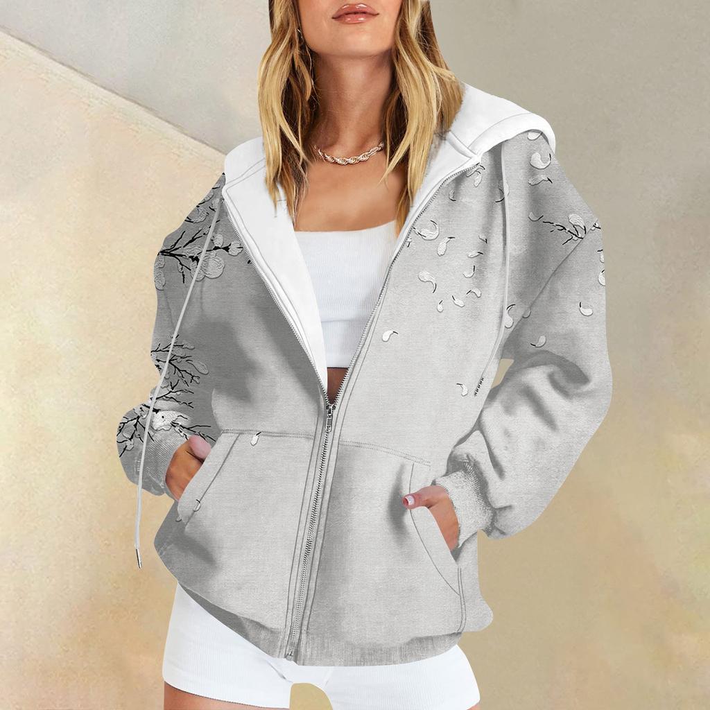 Women's Casual Fashion Foral Printed Long Sleeve Pullover Hoodies Zipper Sweatshirts Coat