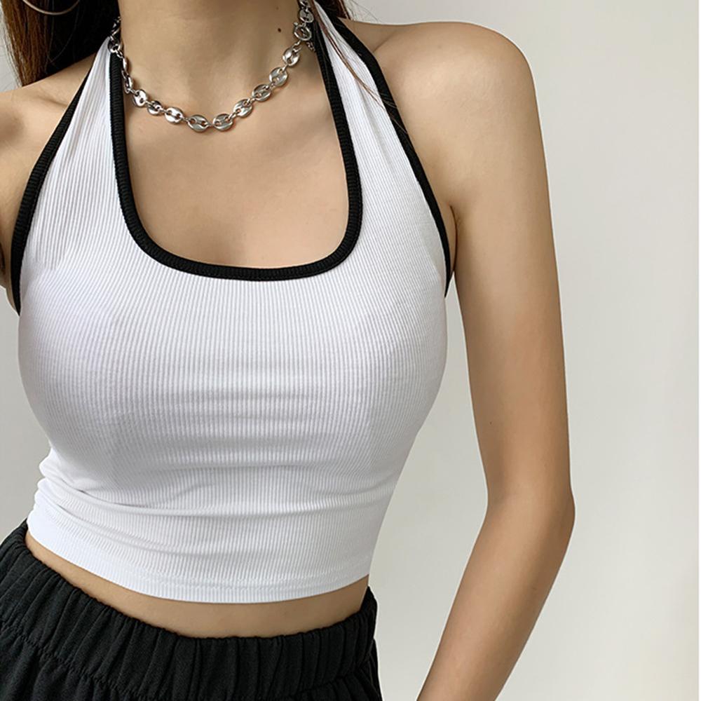 Women's Halter Neck Crop Top, Ribbed Color Block Sleeveless Tank Top