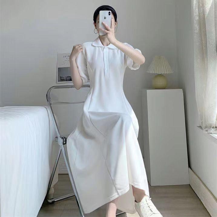 Summer new pure desire college style waist thin POLO collar short sleeve design sense black long dress A-shaped skirt children