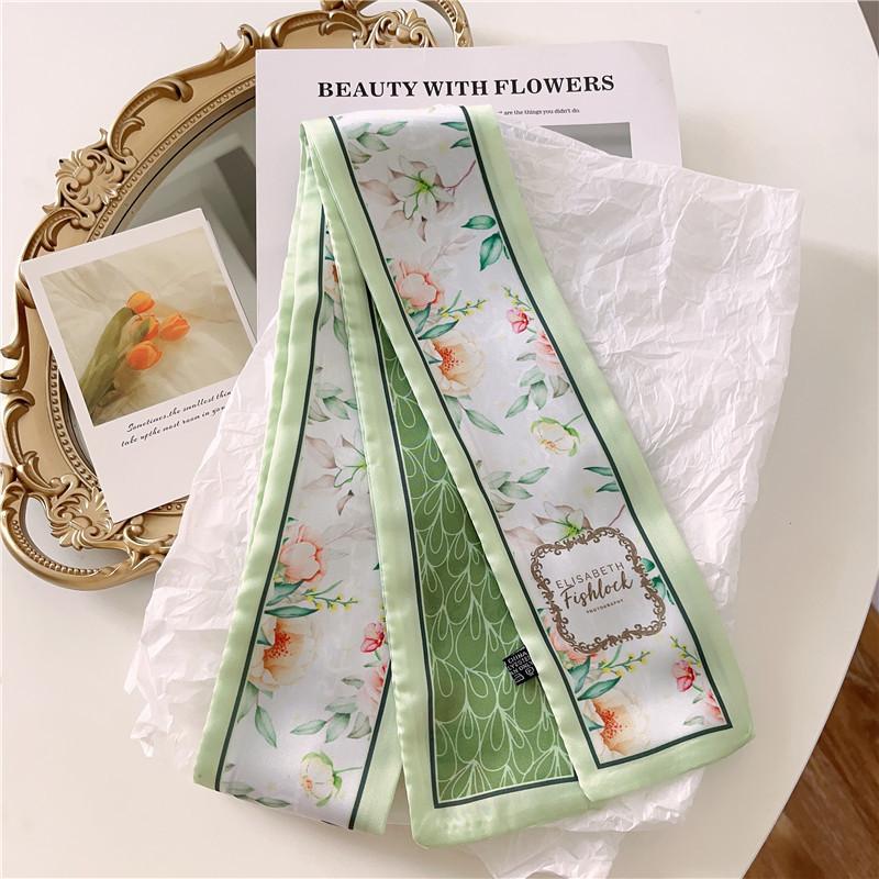

Зеленый Шарф из шелка с принтом свежих цветов, Повязка на голову, Тонкие и узкие плетеные женские аксессуары для волос, Высококачественная лента для завязывания сумки, Лента, Пояс.