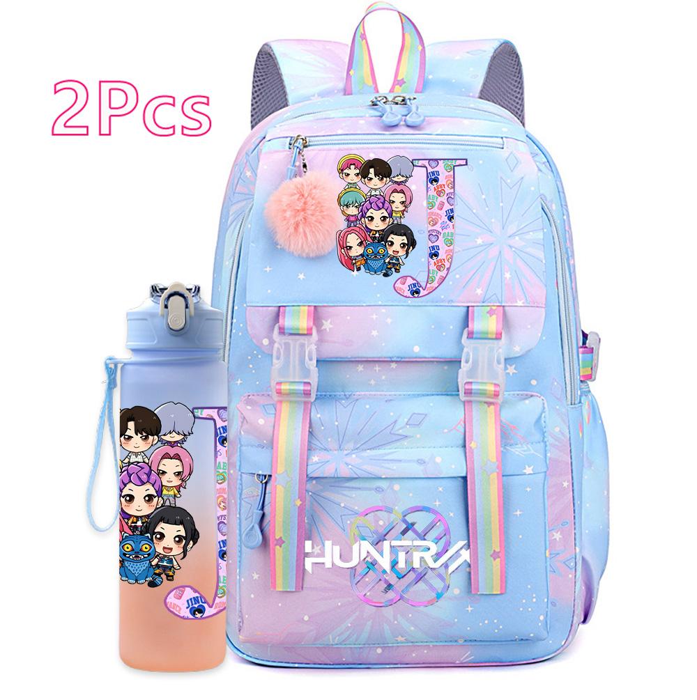 2Pcs/set K-pop Printed Backpack with 750Ml Water Bottler Large Capacity Travel Bag for Teenager Girl Boy Bookbag Kid Gift Large Capacity Bag Mochila
