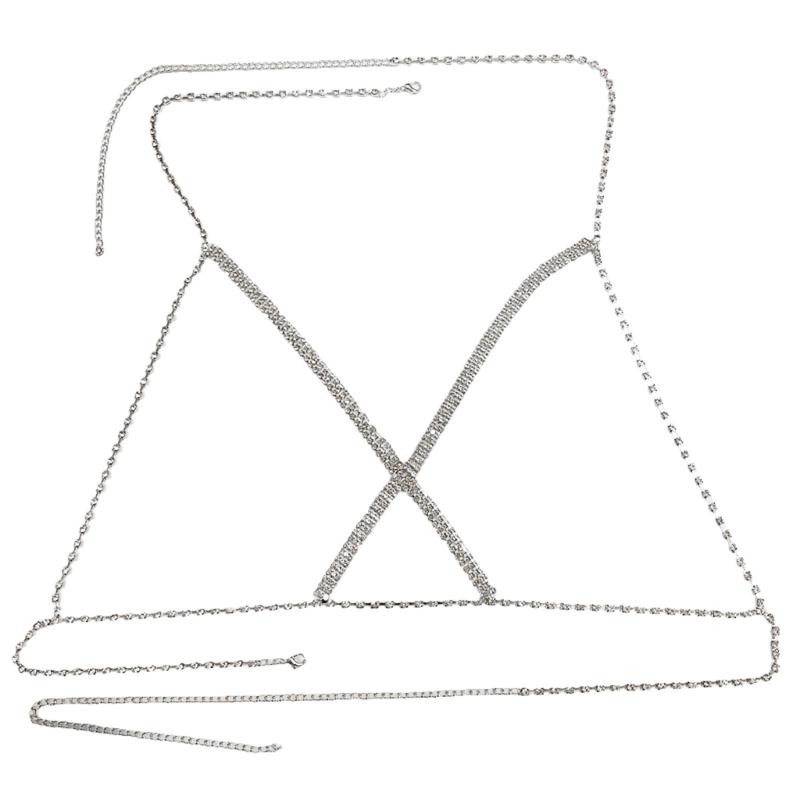 Crossed Chest Chain Electroplate Body Chain for Female Body Jewelry Rhinestones Necklace Shimmering Club Body Chain серебряный