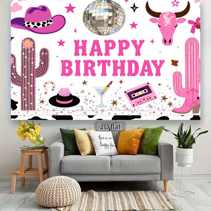 2D Pink Cowgirl Disco Birthday Backdrop, Western Cactus Photography Bann
