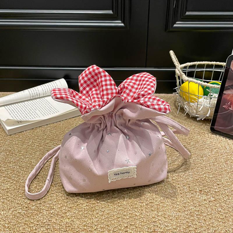 Sweet Cute Floral Drawstring Bucket Bags for Women Red Gingham Trim Kawaii Crossbody Bag Daily Pink Starry Canvas Shoulder Bag