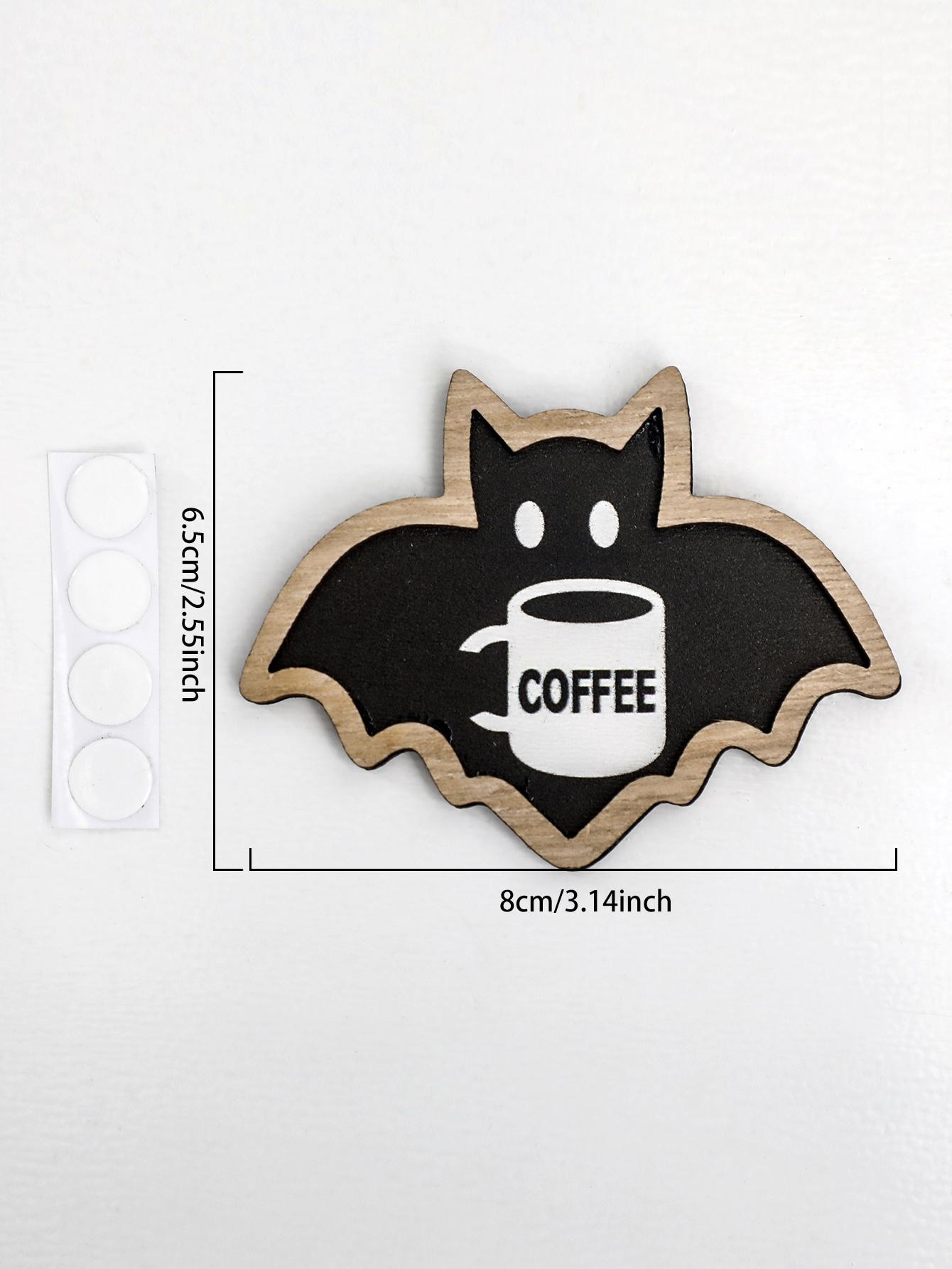

Wooden Halloween Bat Shaped Decorative Stickers, Cute Bat Holding Coffee Cup Design, Refrigerator & Coffee Machine Hanging Decor