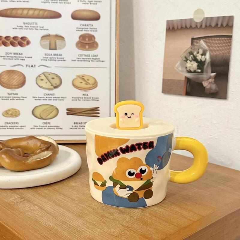 Cute Cartoon Hamburger Toast 400ml Glass Mug with Lid
