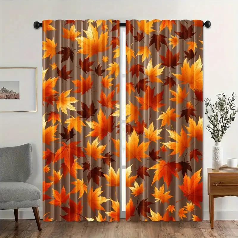Set Of 2 Vibrant Autumn Leaf Printed Curtains Designed Quality Material Ideal Fall Themed Home Window Dec Curtain Sheer Polyester