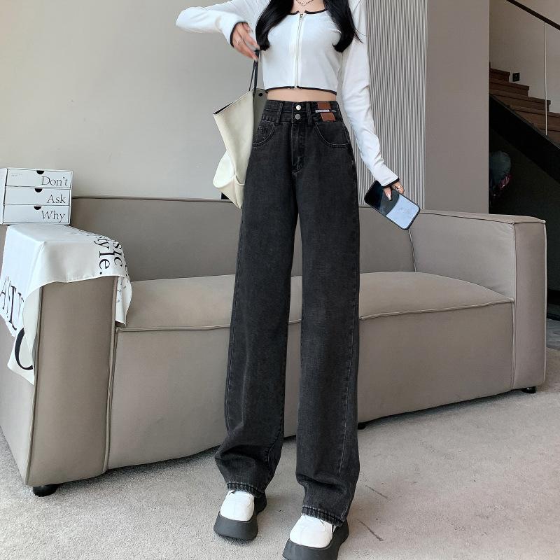 Women's High Rise Wide Leg Jeans Loose Straight Leg Denim Pants Vintage Washed Floor Length Casual Korean Style Trousers