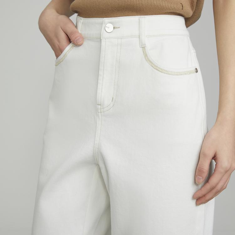 Elle French Design Solid Color Casual Straight Leg Jeans Women bottoms Off-White EQ50930