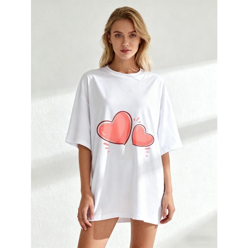 Women's Short-Sleeve T-Shirt with Cute Pink Double Heart Cartoon Print