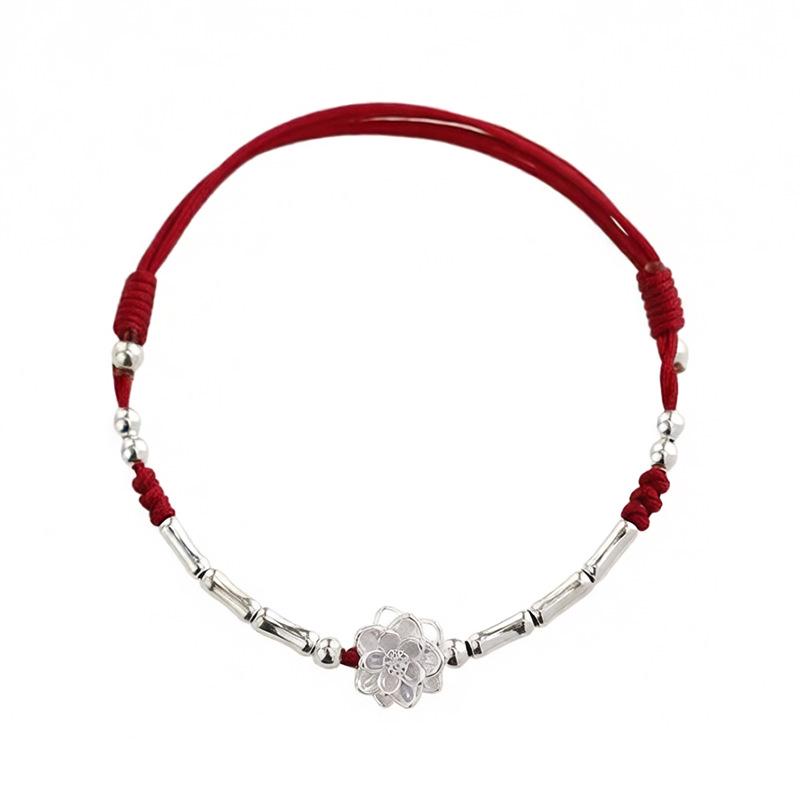 Bamboo Joint Lotus Bracelet: Sterling Silver & Red String Woven Rope Lucky Charm for Women, New Popular Style. кларет