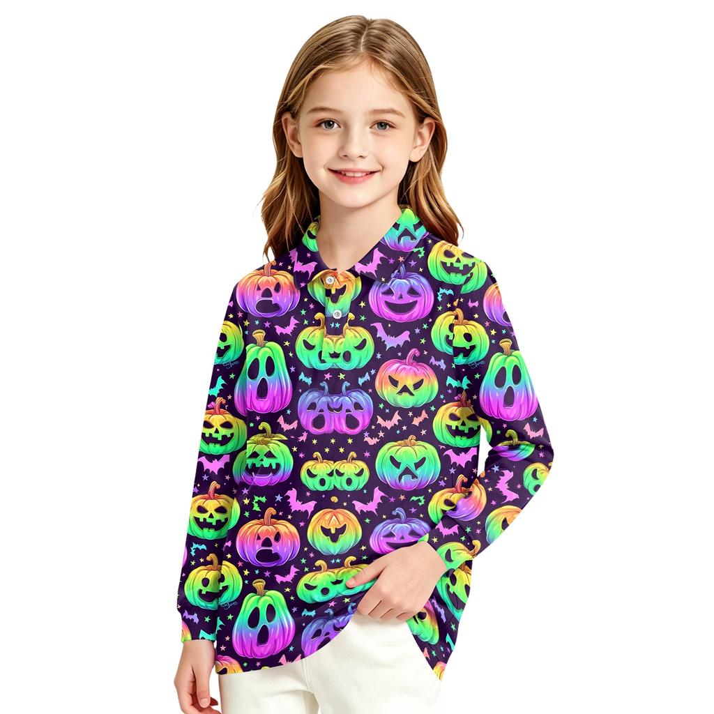 Girls School Uniform Long Sleeve Top with Halloween Print