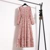 Fashion Long Sleeve Floral Printed Chiffon Dress Women Elegant Loose A-line Casual Long Dress Female High Waist Ruffled Office Lady Dress 1030