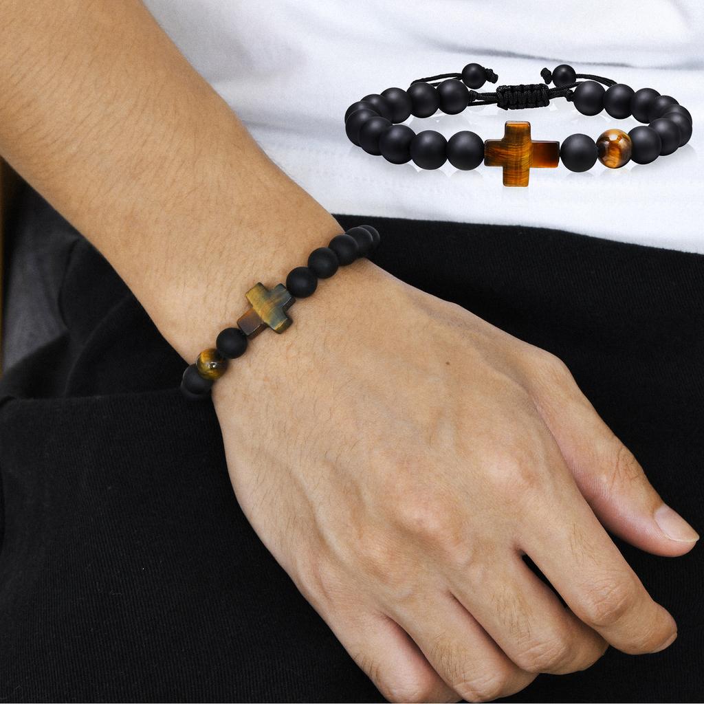 Kreuzarmbänder für Männer Jungen, 8MM Schwarze Natürliche Steine Perlen Religiöses Gebetsarmband Länge Verstellbar,pulseira masculina