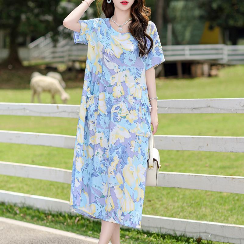 Vintage Print Lange Jurken voor Vrouwen Plus Size Korte Mouw Casual Zomerjurk Elegante Middelbare Leeftijd Dameskleding