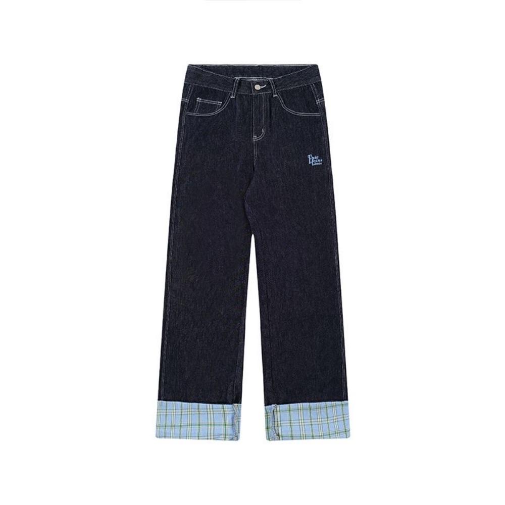 

Американские ретро-плед пэчворк завернутые края женские джинсы High Street Harajuku свободные широкие прямые брюки для мужчин и женщин M