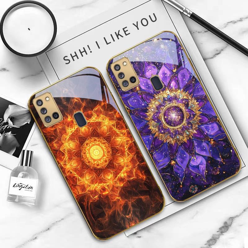 Blooming Golden Mandala For Samsung A 31 32 A33 A34 35 14 A15 13 16 25 26 50 52 53 54 55 56 70 71 72 73 Golden Glass Phone Case
