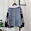 Autumn and winter new hooded splicing denim knitted cardigan design sense loose casual sweater jacket women
