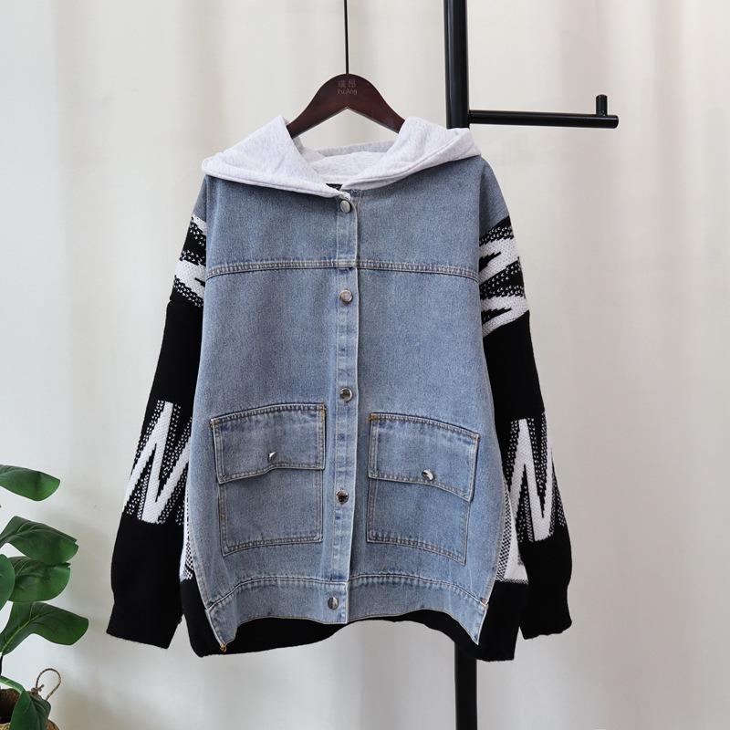 Autumn and winter new hooded splicing denim knitted cardigan design sense loose casual sweater jacket women