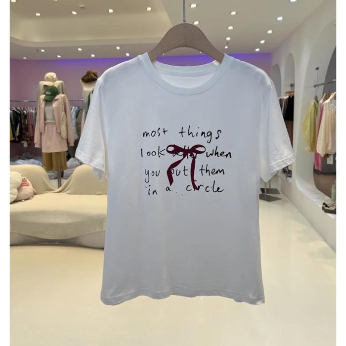 

Pure cotton loose casual round neck contrasting color bow letter printing short-sleeved t-shirt age-reducing versatile and thin clothes S